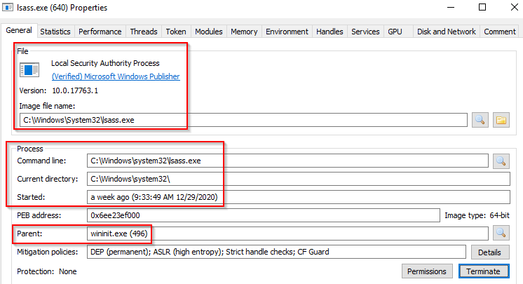 Lsass.exe properties.
